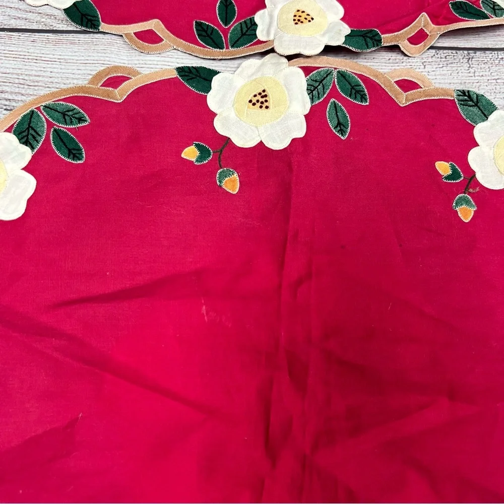 Vintage Placemats Green Blue Red Embroidered Linen Fabric Floral Lot of 6 Boho